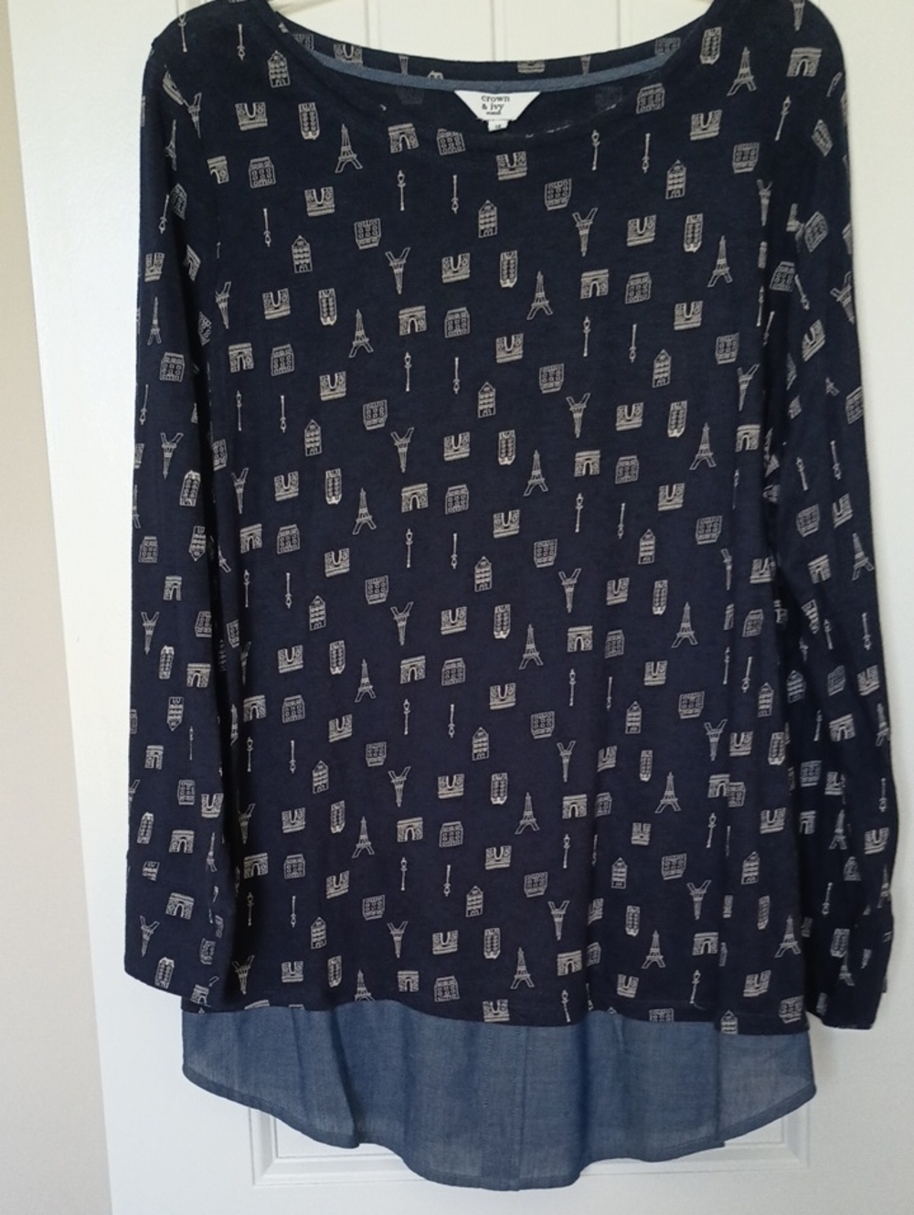 Crown & Ivy Navy Blue Patterned Long Sleeve Blouse With Eiffel Tower Motif